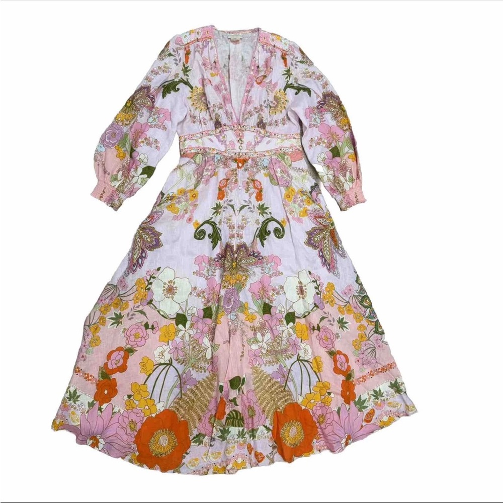 Camilla Clever Clogs Linen V-Neck Empire Waist Floral Smocked Maxi Dress Sz XXL